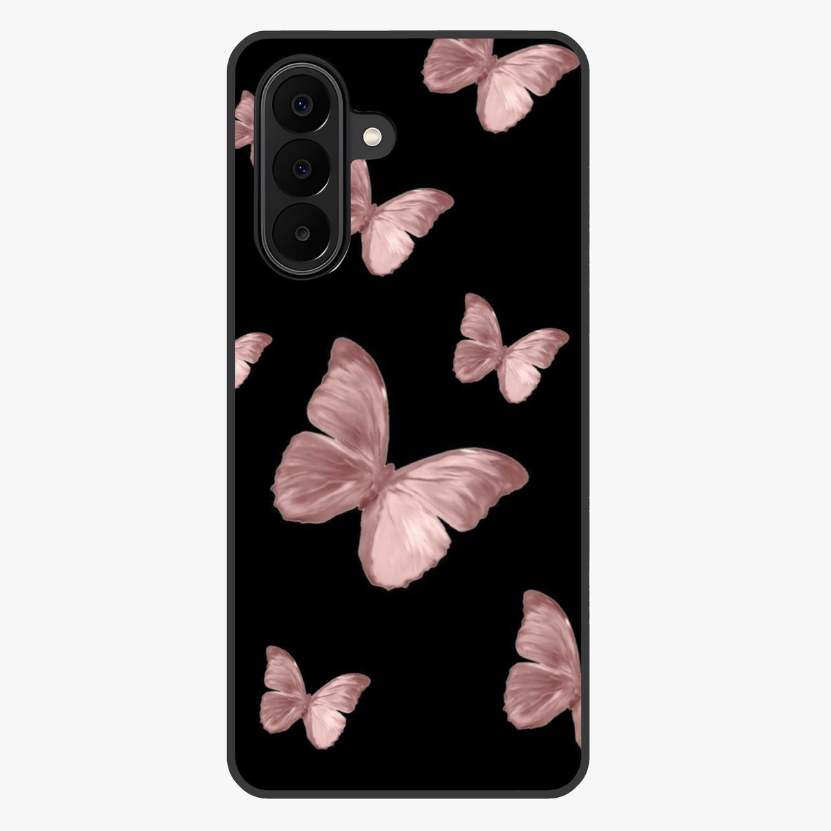 Butterfly Pattern Glass Case showing flat back view with elegant butterfly pattern artwork and glossy glass finish.