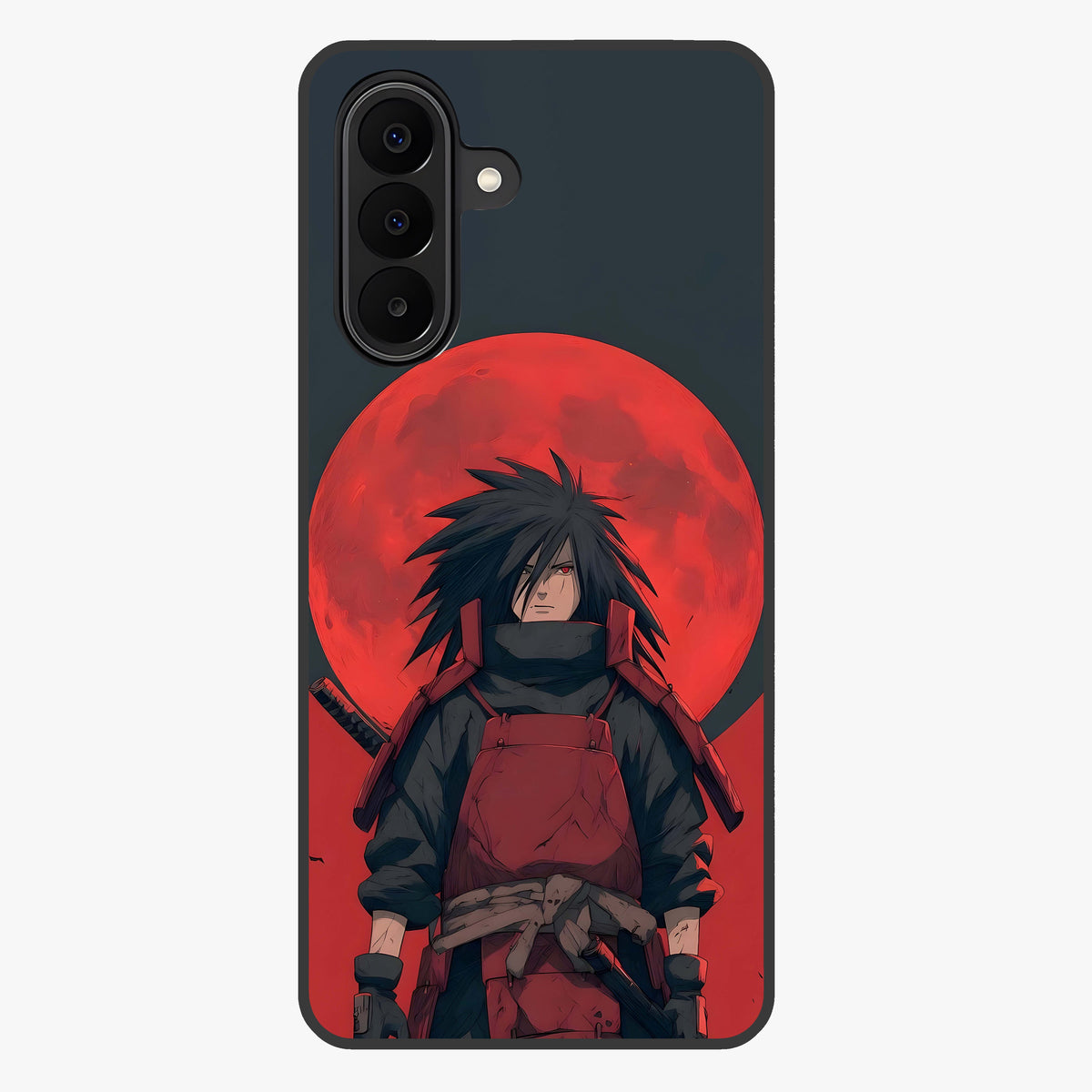 Crimson Moon Warlord Glass Case showing flat back view with mystical moon warrior artwork and glossy glass finish.