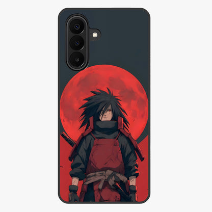 Crimson Moon Warlord Glass Case showing flat back view with mystical moon warrior artwork and glossy glass finish.