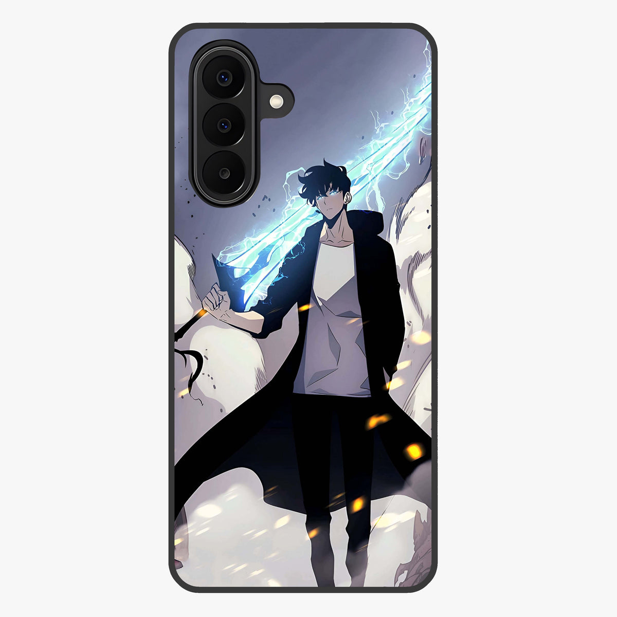 Dark Lightning Anime Warrior Glass Case showing flat back view with intense anime warrior artwork and glossy glass finish.