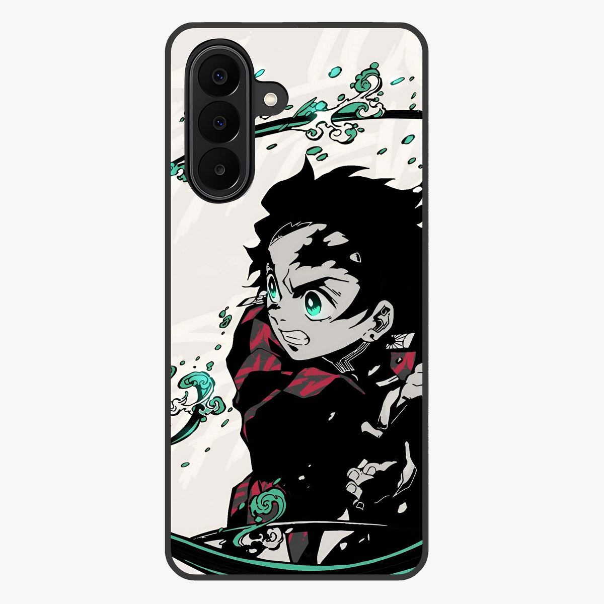 Demon Slayer Glass Case showing flat back view with bold anime inspired artwork and glossy glass finish.