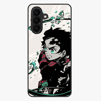Demon Slayer Glass Case showing flat back view with bold anime inspired artwork and glossy glass finish.