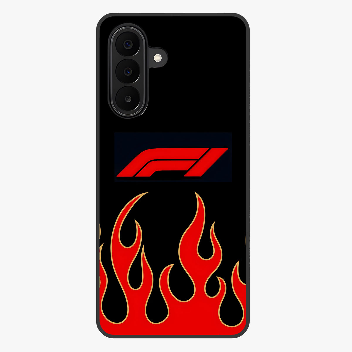 Fire F11 Glass Case showing flat back view with fiery themed artwork and glossy glass finish.