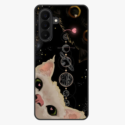 Galactic Cat Glass Case showing flat back view with cosmic cat artwork and glossy glass finish.
