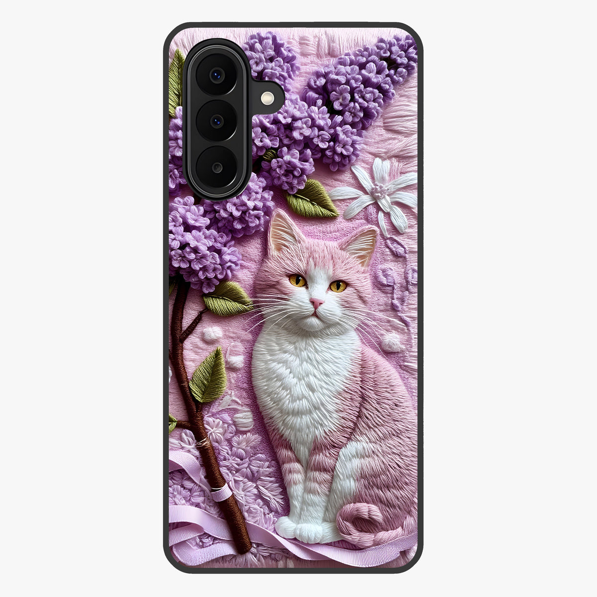 Lavender Cat Whimsy Glass Case showing flat back view with cute lavender cat artwork and glossy glass finish.