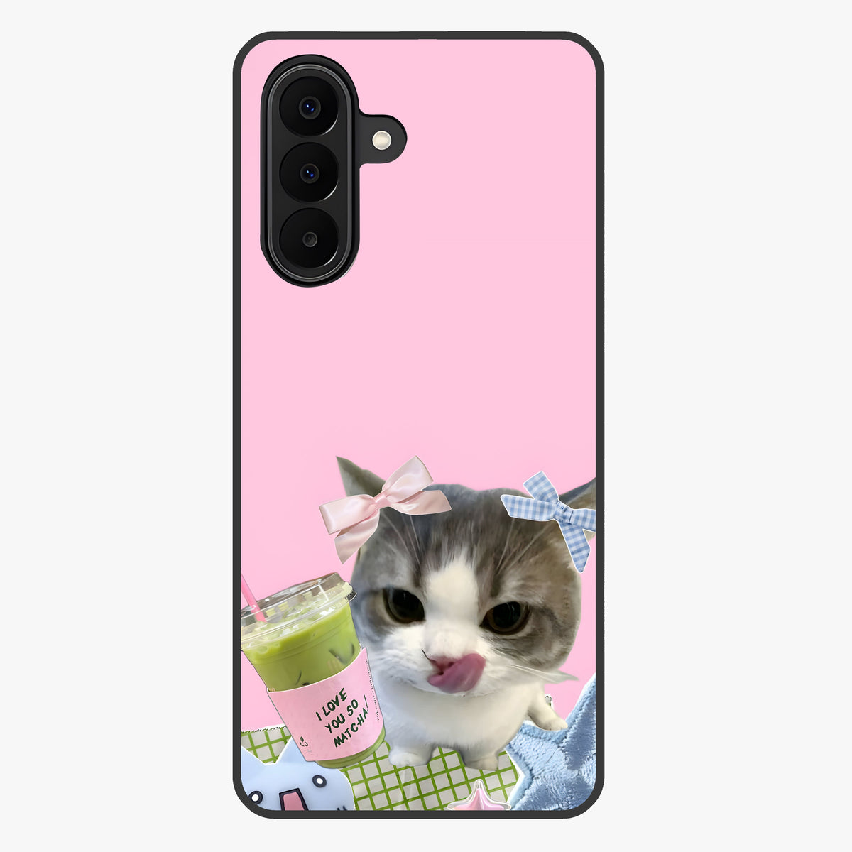 Love Matcha Cat Glass Case showing flat back view with cute cat and matcha themed artwork and glossy glass finish.