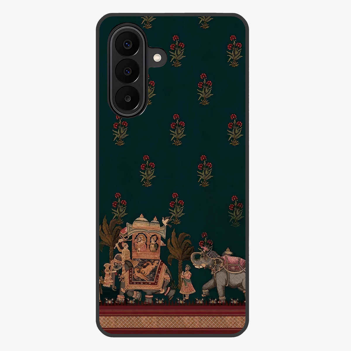 Macmerise Glass Case showing flat back view with stylish modern artwork and glossy glass finish.