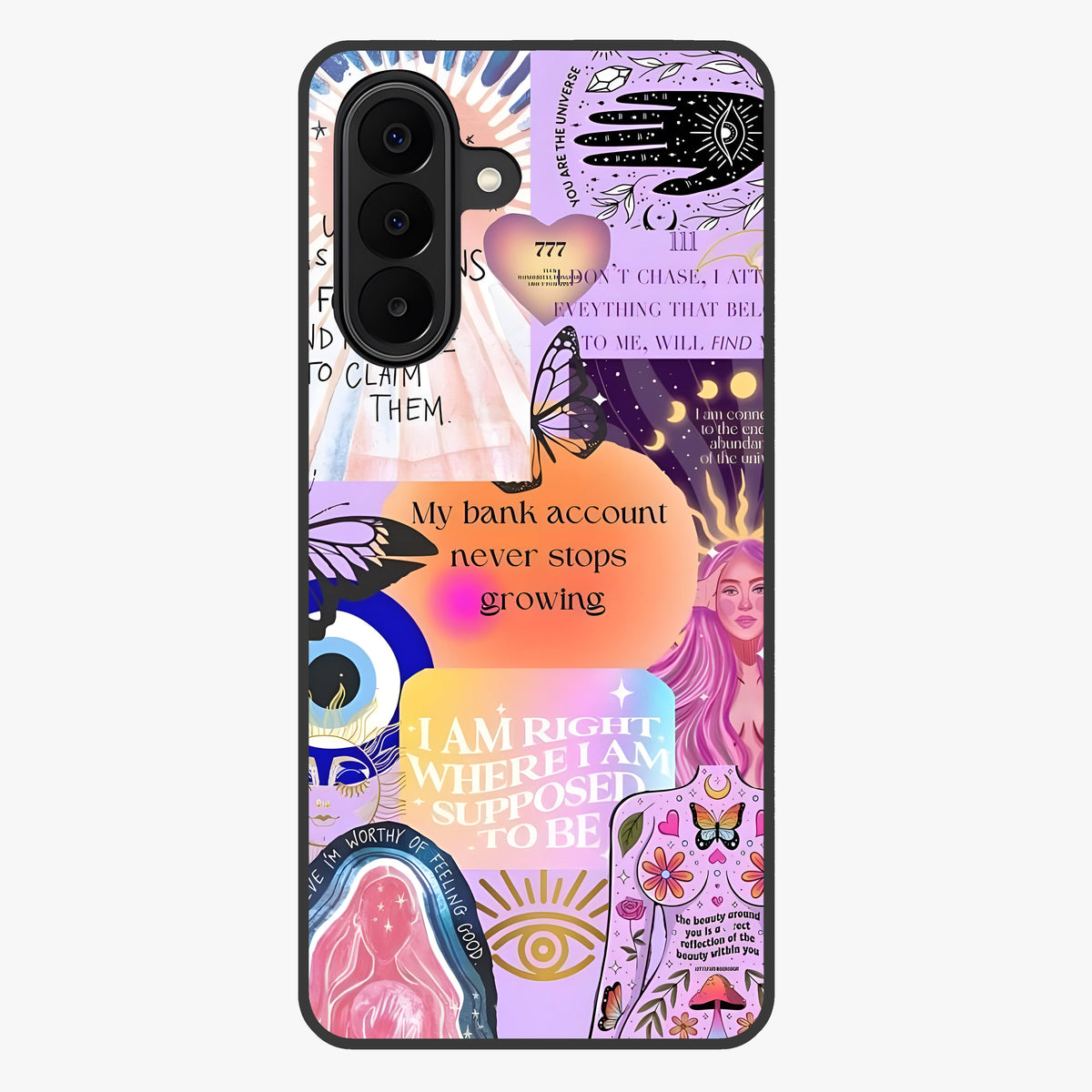 Manifestation Collage Glass Case showing flat back view with motivational collage artwork and glossy glass finish.