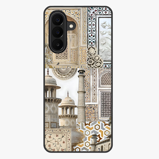 Mughal Marble Legacy Glass Case showing flat back view with intricate Mughal inspired marble pattern and glossy glass finish.