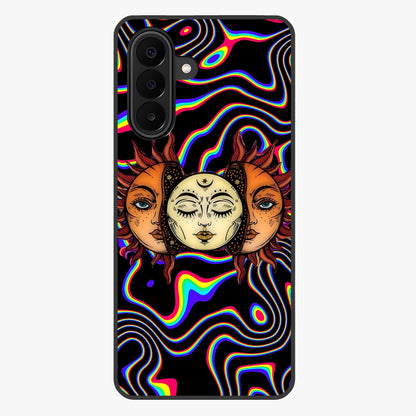 Psychedelic Sun Glass Case showing flat back view with colorful psychedelic sun artwork and glossy glass finish.