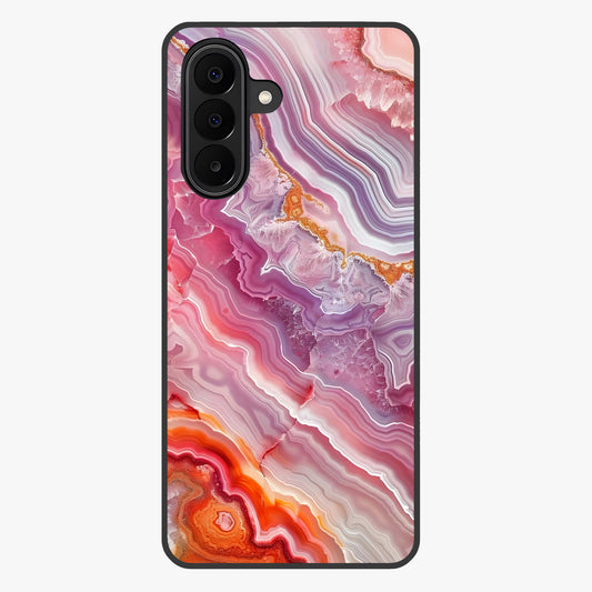 Rose Quartz Marble Glass Case showing flat back view with pink marble quartz texture artwork and glossy glass finish.