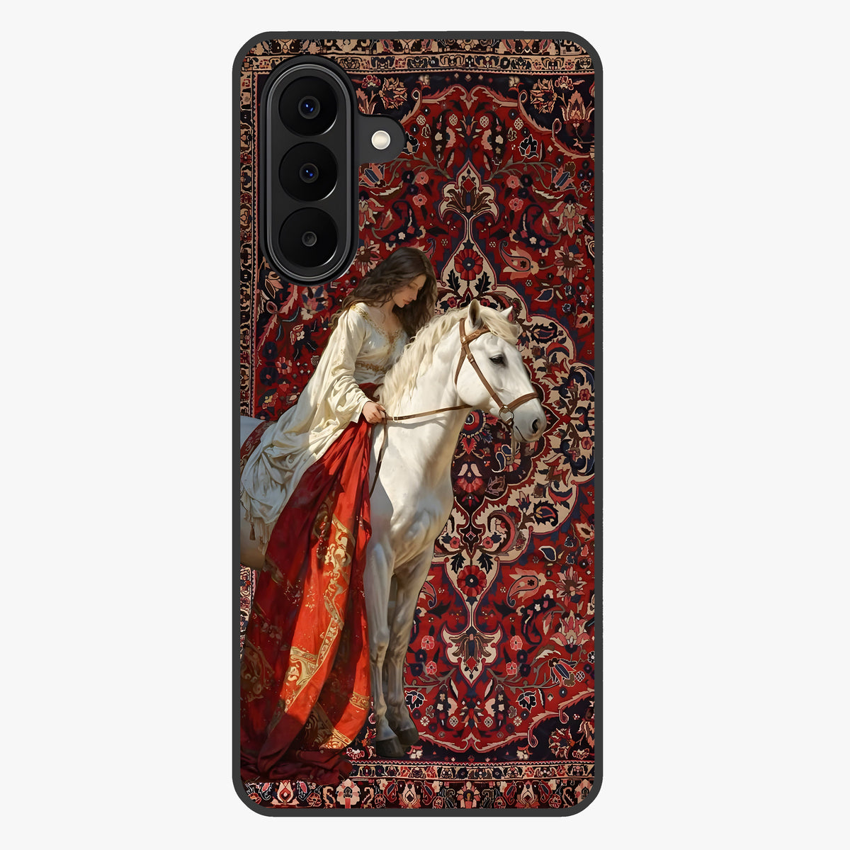 Royal Rider Tapestry Glass Case showing flat back view with majestic horse rider tapestry artwork and glossy glass finish.