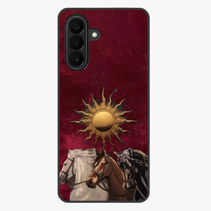 Solar Riders Glass Case showing flat back view with dynamic rider themed artwork and glossy glass finish.