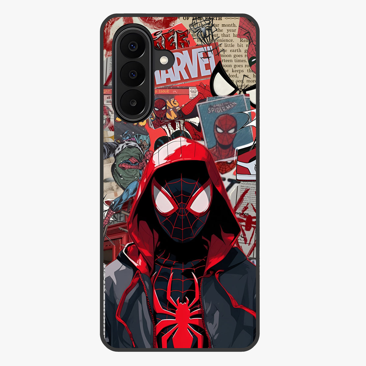 Spider Collage Street Glass Case showing flat back view with vibrant superhero collage artwork and glossy glass finish.