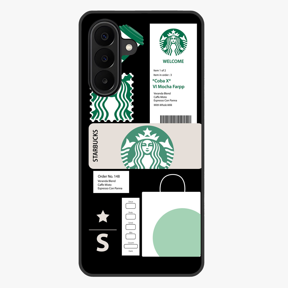 Starbucks Mocha Glass Case showing flat back view with coffee inspired artwork and glossy glass finish.