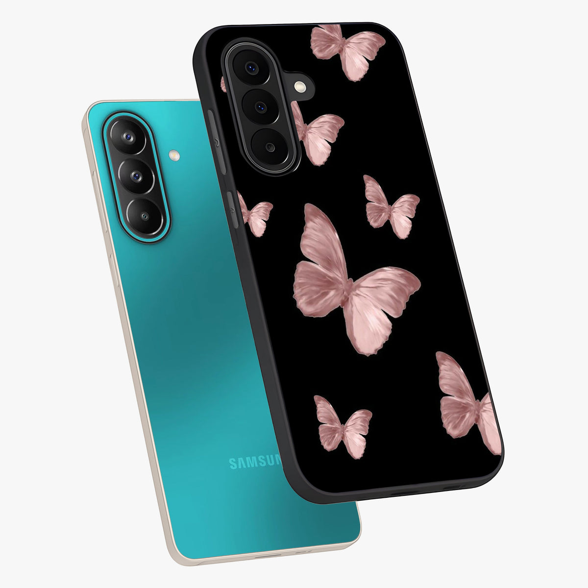 Butterfly Pattern Glass Case displayed in angled mockup highlighting delicate butterfly design and aesthetic pattern style.