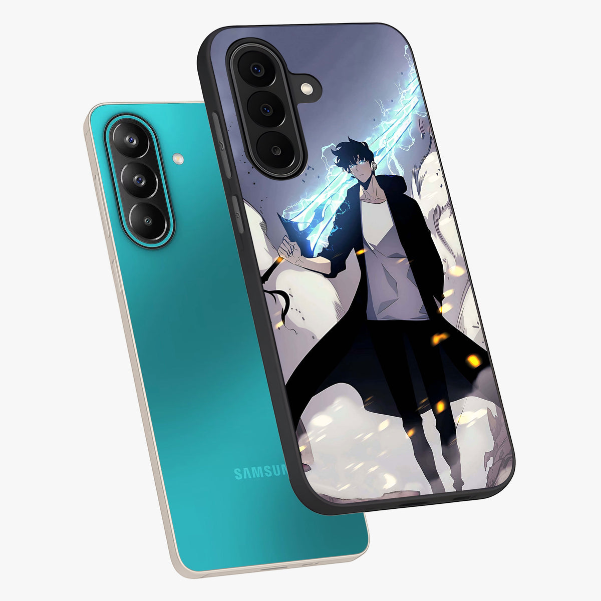 Dark Lightning Anime Warrior Glass Case displayed in angled mockup highlighting powerful lightning themed anime illustration.