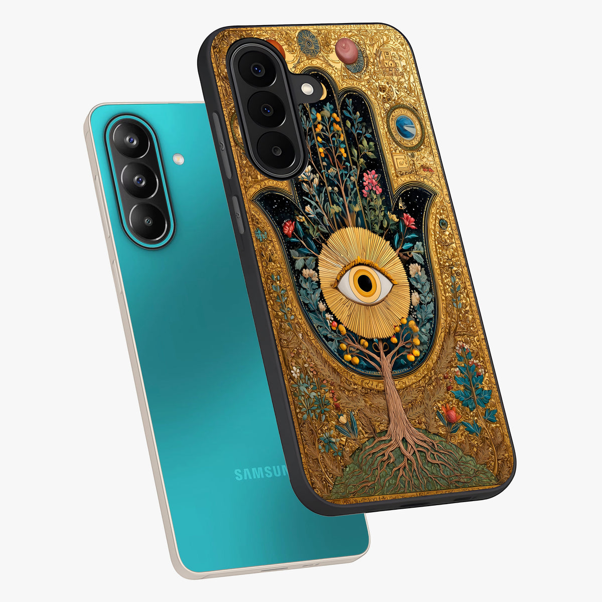 Ethereal Evil Eye Glass Case displayed in angled mockup highlighting protective evil eye symbol with spiritual aesthetic design.
