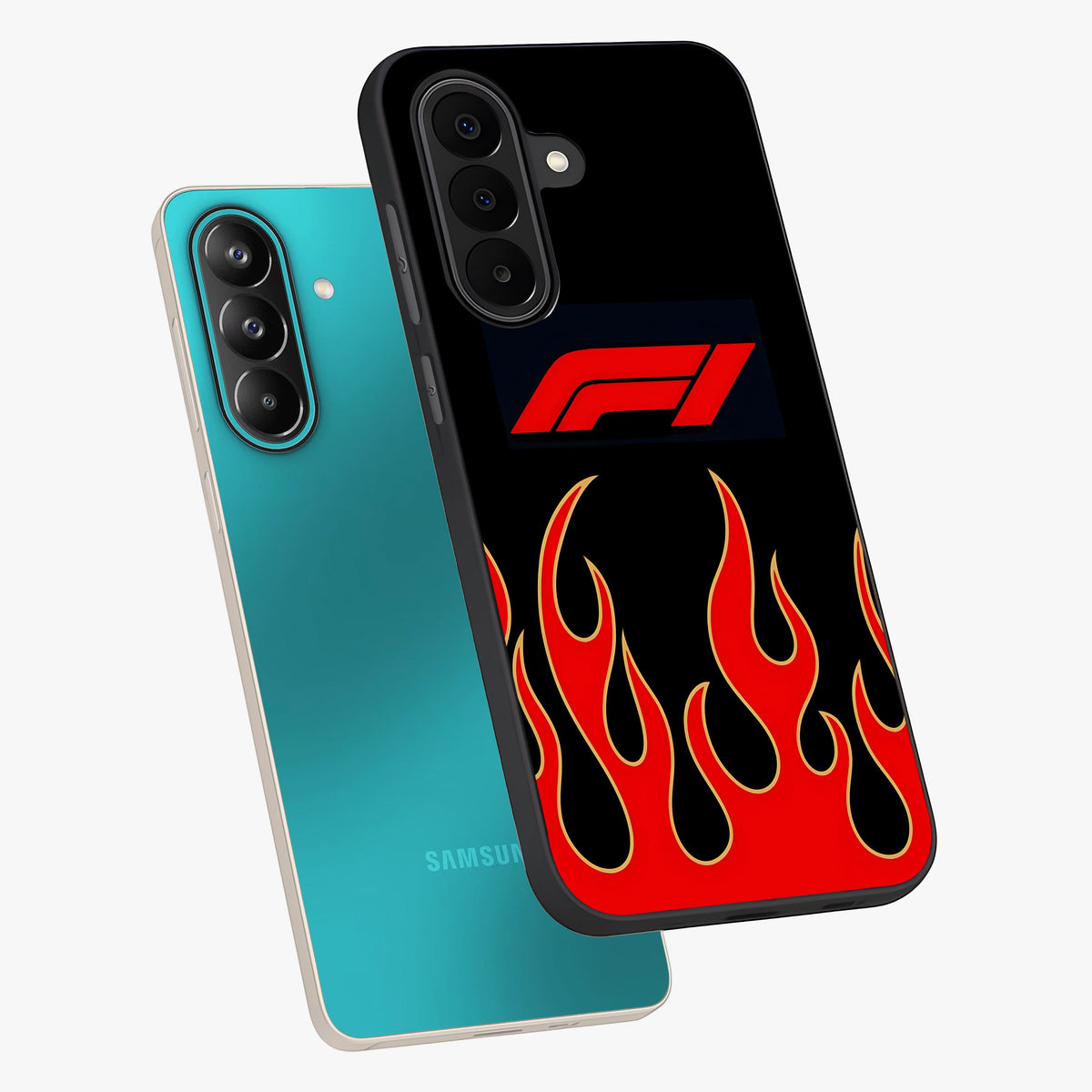 Fire F11 Glass Case displayed in angled mockup highlighting bold fire inspired graphic with energetic aesthetic style.