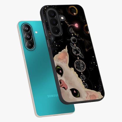 Galactic Cat Glass Case displayed in angled mockup highlighting celestial feline illustration with galaxy aesthetic style.