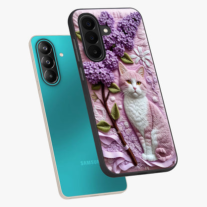 Lavender Cat Whimsy Glass Case displayed in angled mockup highlighting playful feline illustration with pastel lavender aesthetic.