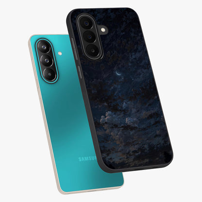 Lunar Veil Silence Glass Case displayed in angled mockup highlighting soft lunar design with peaceful celestial aesthetic.