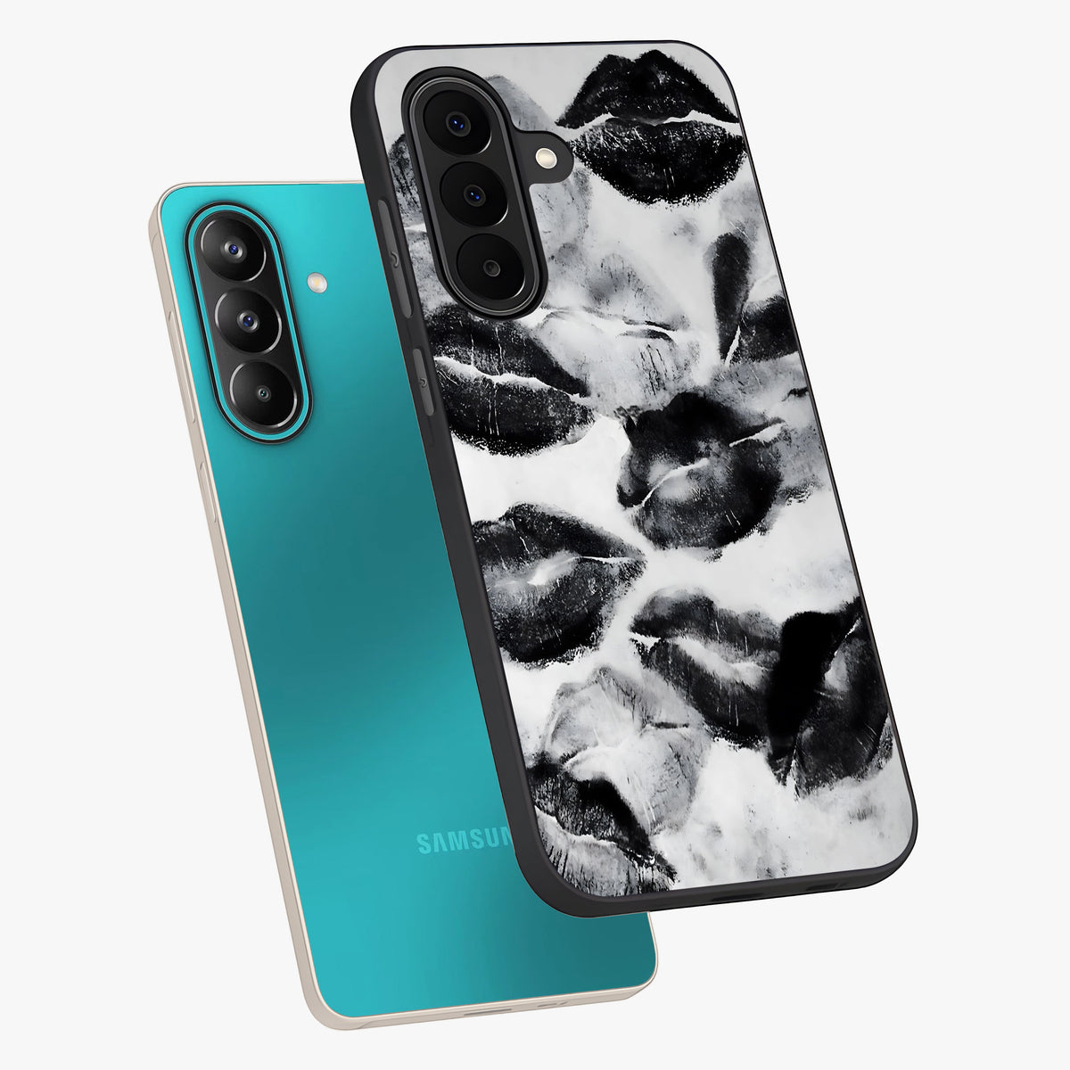 Midnight Kiss Marks Glass Case displayed in angled mockup highlighting playful romantic design with bold midnight aesthetic.