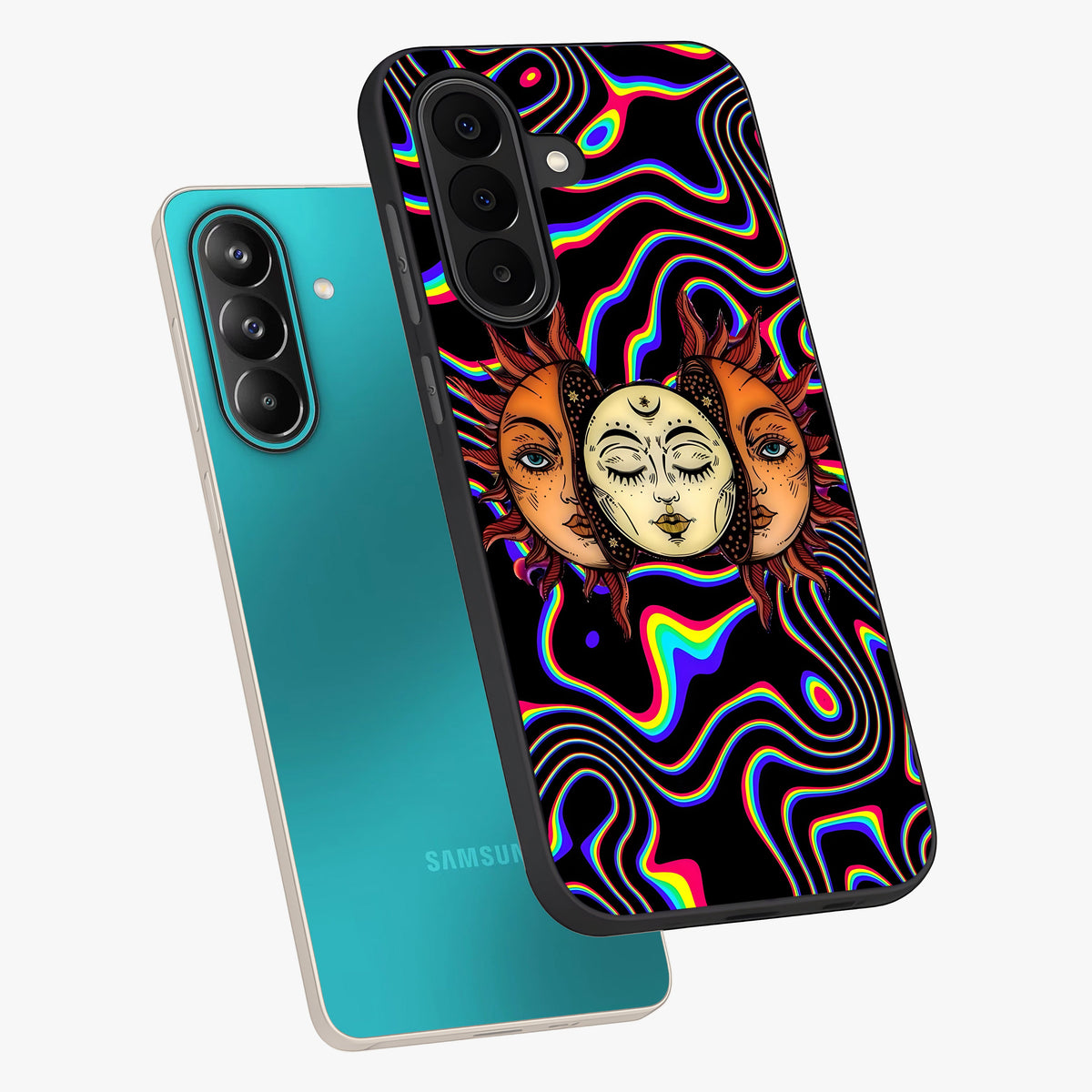 Psychedelic Sun Glass Case displayed in angled mockup highlighting vibrant abstract sun design with artistic aesthetic style.