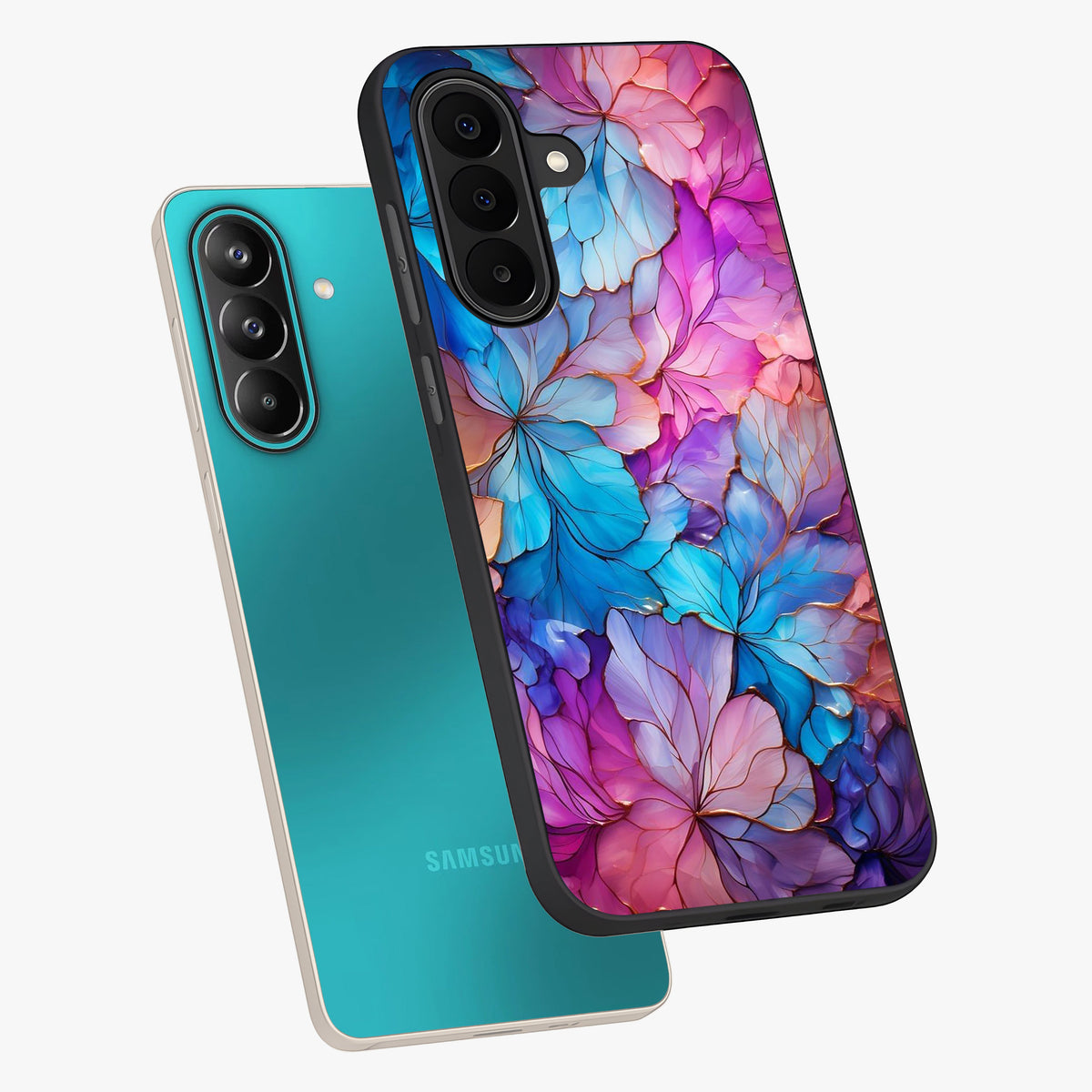 Radiant Floral Whirl Glass Case displayed in angled mockup highlighting vibrant flower pattern with dynamic artistic aesthetic.
