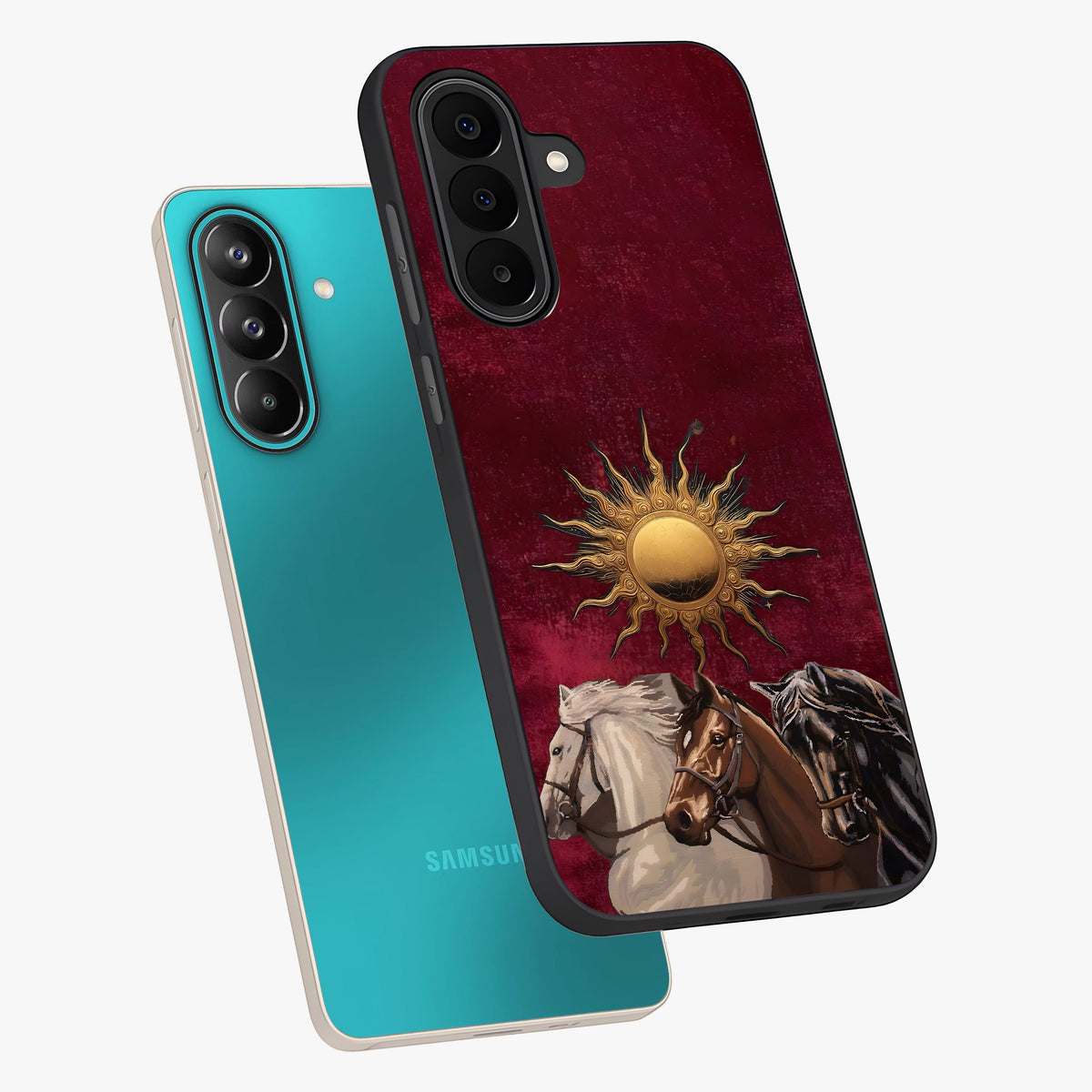 Solar Riders Glass Case displayed in angled mockup highlighting powerful rider illustration with radiant solar aesthetic.