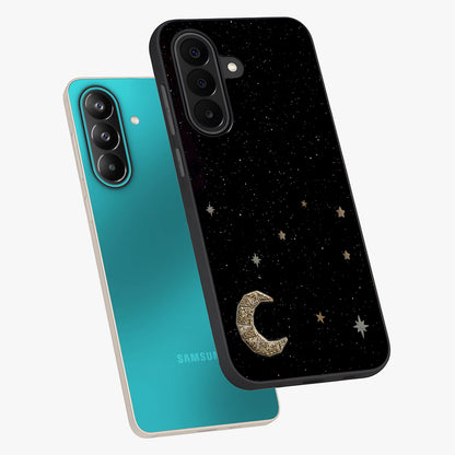 Twinkle Star With Half Moon Glass Case displayed in angled mockup highlighting celestial moon and star design with magical aesthetic.