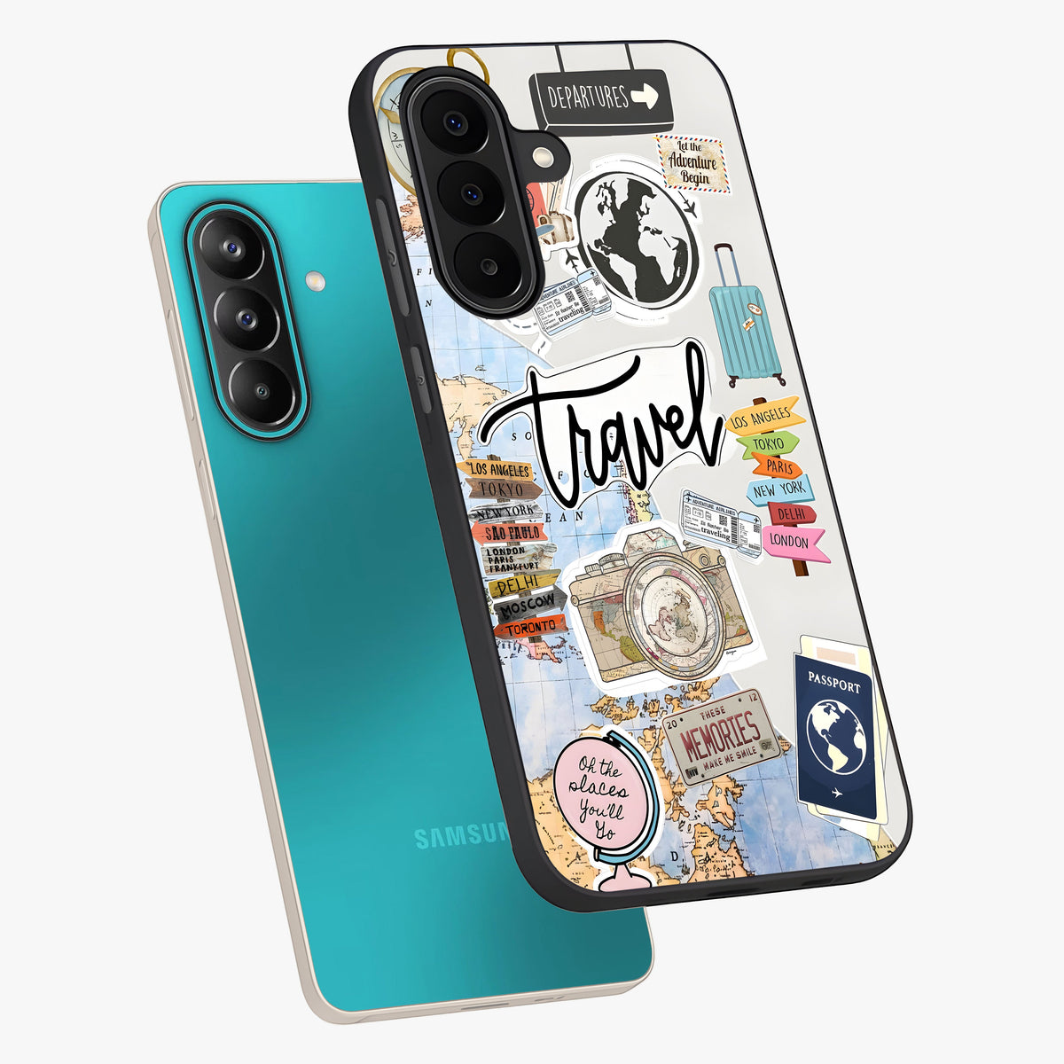 Wanderlust Journal Glass Case displayed in angled mockup highlighting adventure themed design with aesthetic travel vibe.