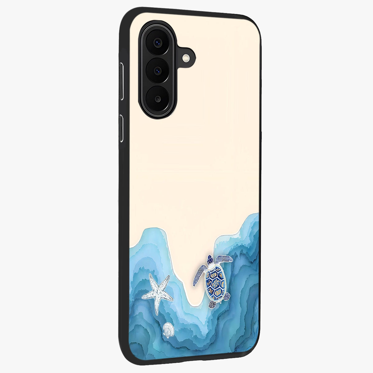 Ocean Drift Turtle Glass Case upright view showcasing calm underwater turtle artwork with nature inspired theme.