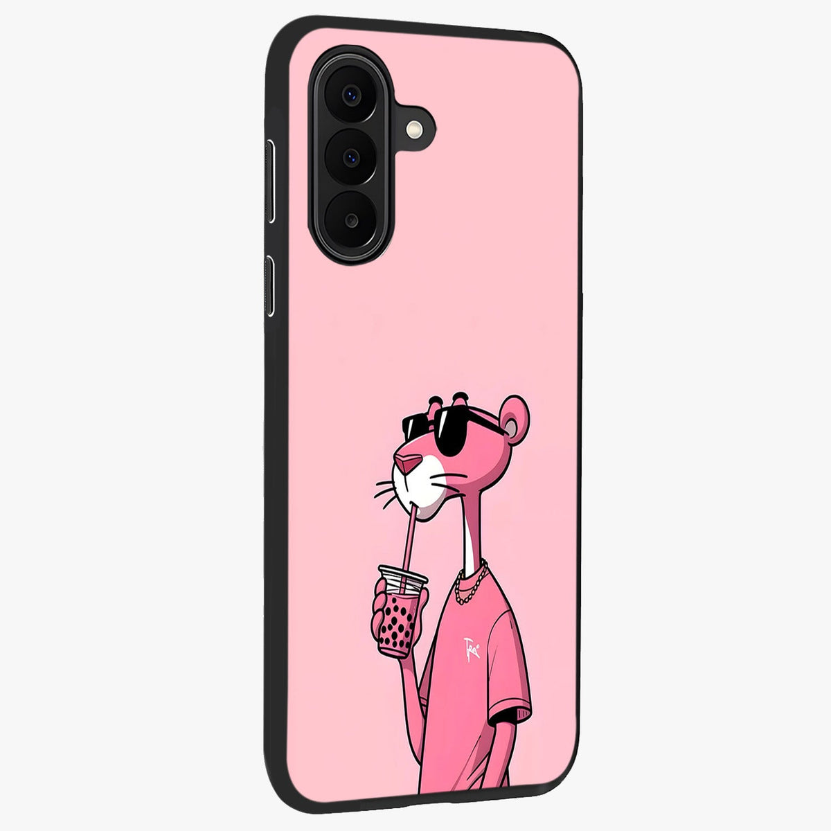 Pink Panther Glass Case upright view showcasing fun animated artwork with stylish retro cartoon theme.