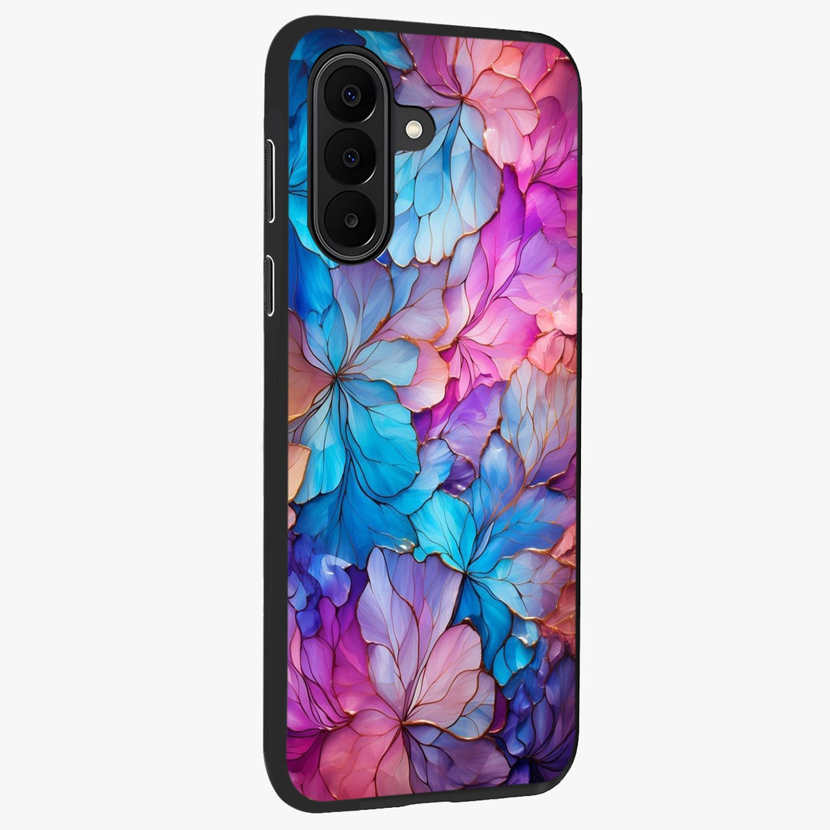 Radiant Floral Whirl Glass Case upright view showcasing lively floral artwork with decorative swirl theme.