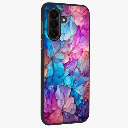 Radiant Floral Whirl Glass Case upright view showcasing lively floral artwork with decorative swirl theme.