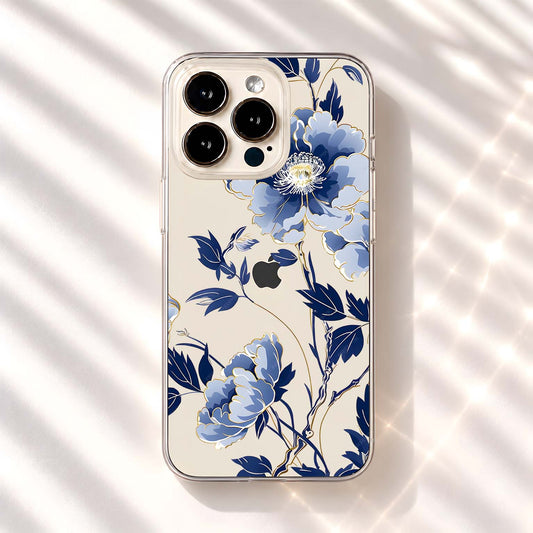 Sapphire Blue Peonies Clear Silicon Cover