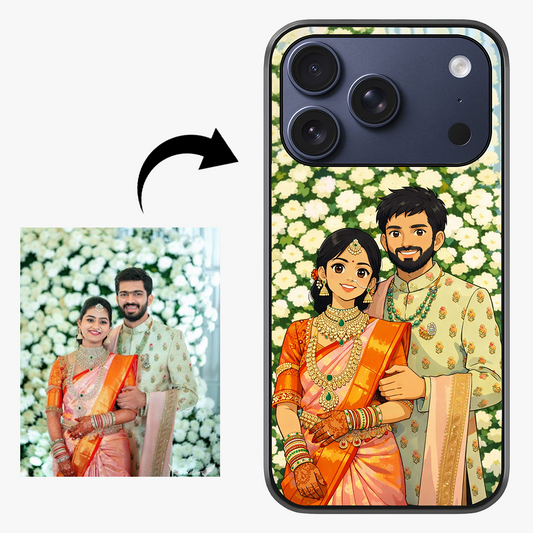 Phone case with digital illustration of a couple in traditional attire against a floral background