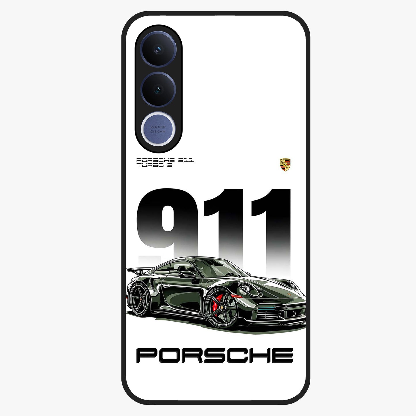 911 Turbo Dominance Glass Case showing clean flat back view with bold 911 sports car artwork and glossy glass finish.