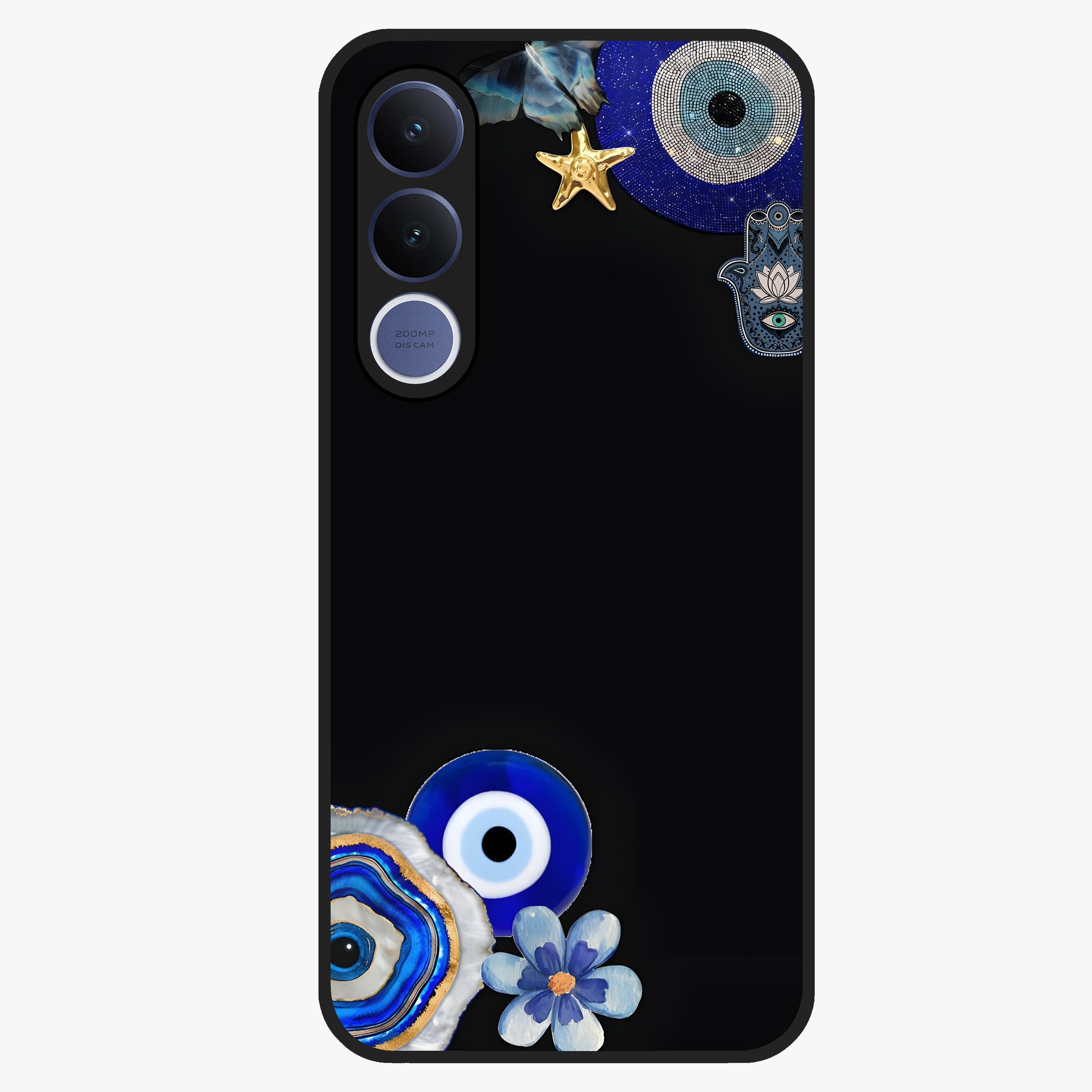 Aesthetic Blue Evil Eye Glass Case showing flat back view with protective evil eye artwork and glossy glass finish.
