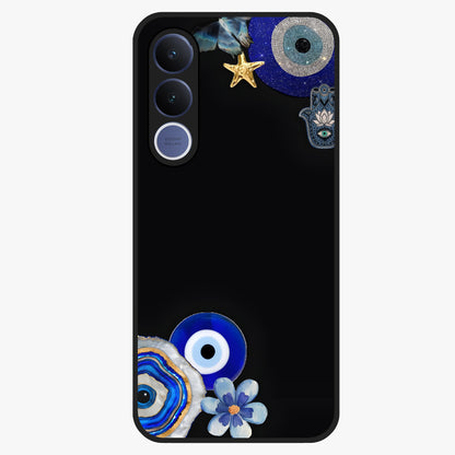Aesthetic Blue Evil Eye Glass Case showing flat back view with protective evil eye artwork and glossy glass finish.