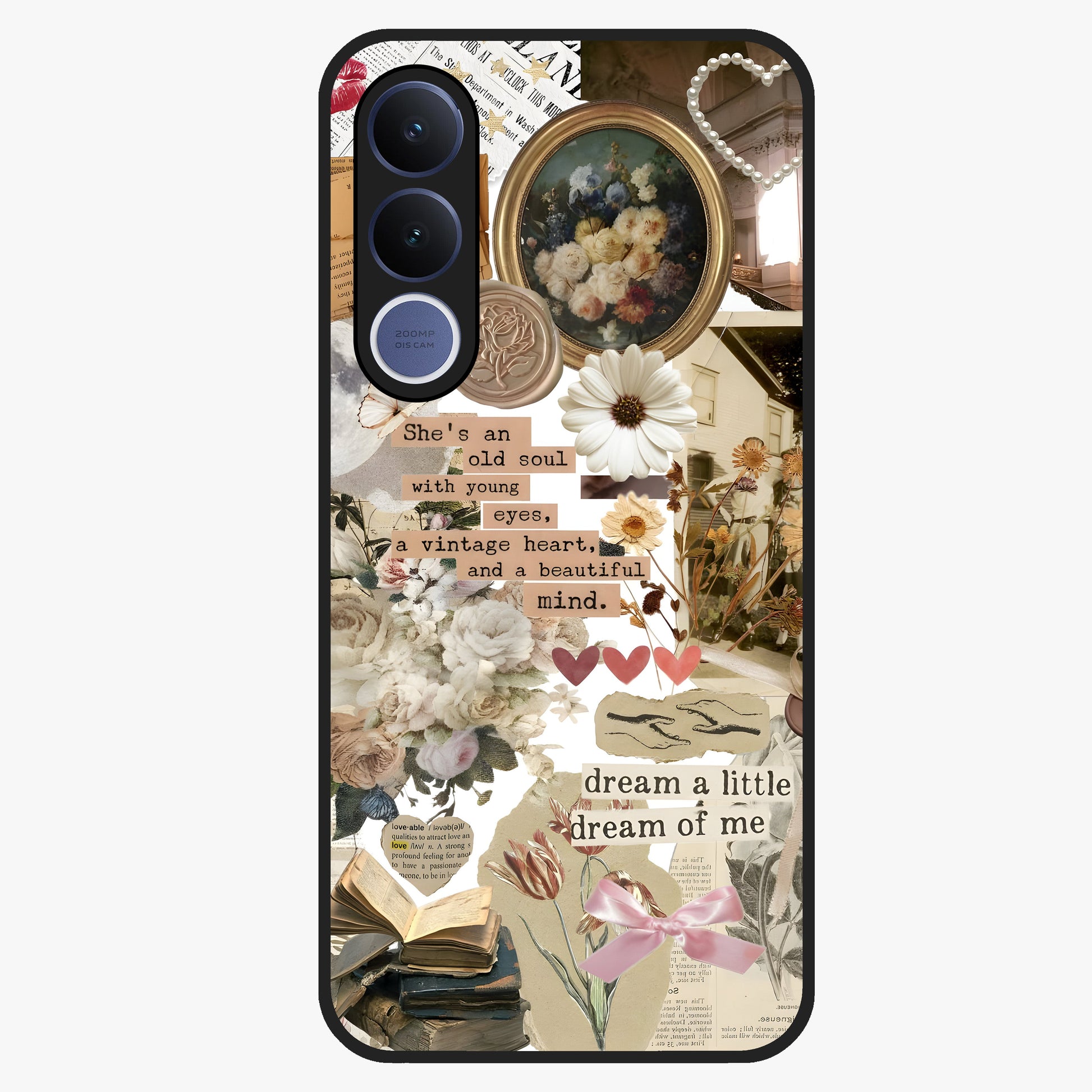 Aesthetic Brown Vintage Collage Glass Case showing flat back view with retro collage artwork and glossy glass finish.