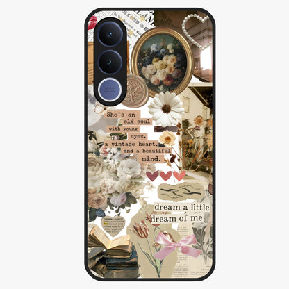 Aesthetic Brown Vintage Collage Glass Case showing flat back view with retro collage artwork and glossy glass finish.