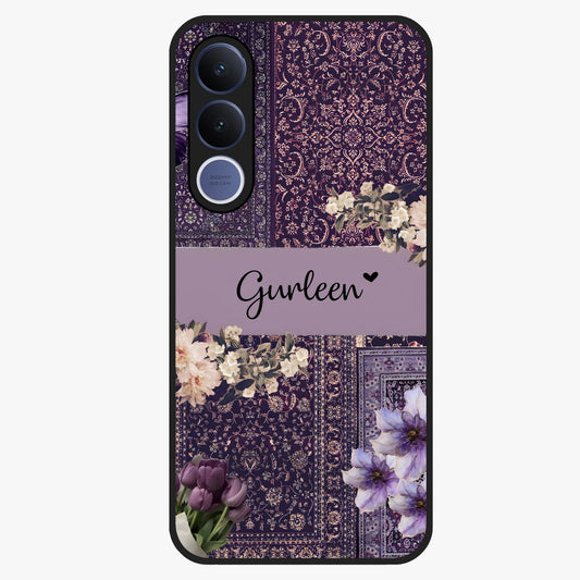 Antique Floral Whisper Custom Name Glass Case showing flat back view with vintage floral artwork and personalized name design.