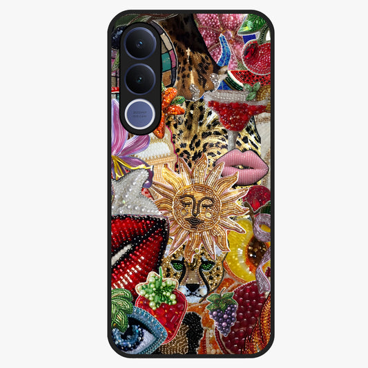 Beaded Fashion Jungle Glass Case showing flat back view with vibrant jungle inspired bead artwork and glossy glass finish.