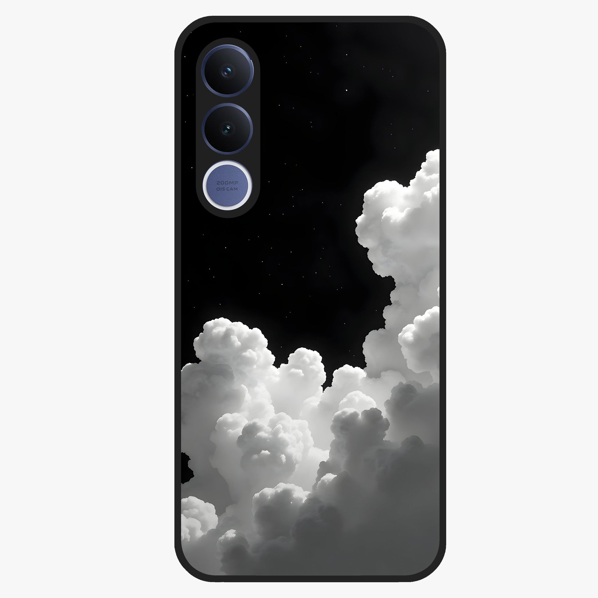 Black Background With White Cloud Glass Case showing flat back view with minimal cloud artwork on dark background and glossy glass finish.