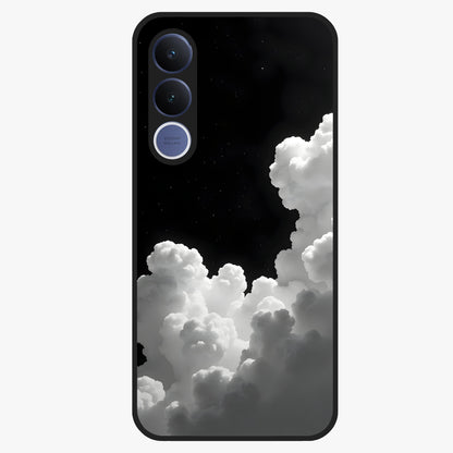 Black Background With White Cloud Glass Case showing flat back view with minimal cloud artwork on dark background and glossy glass finish.