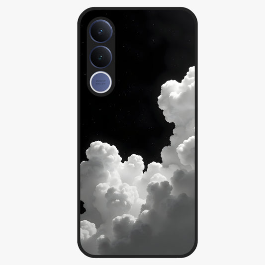 Black Background With White Cloud Glass Case showing flat back view with minimal cloud artwork on dark background and glossy glass finish.