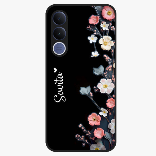 Black Elegance Floral Custom Name Glass Case showing flat back view with elegant floral artwork and personalized name design.