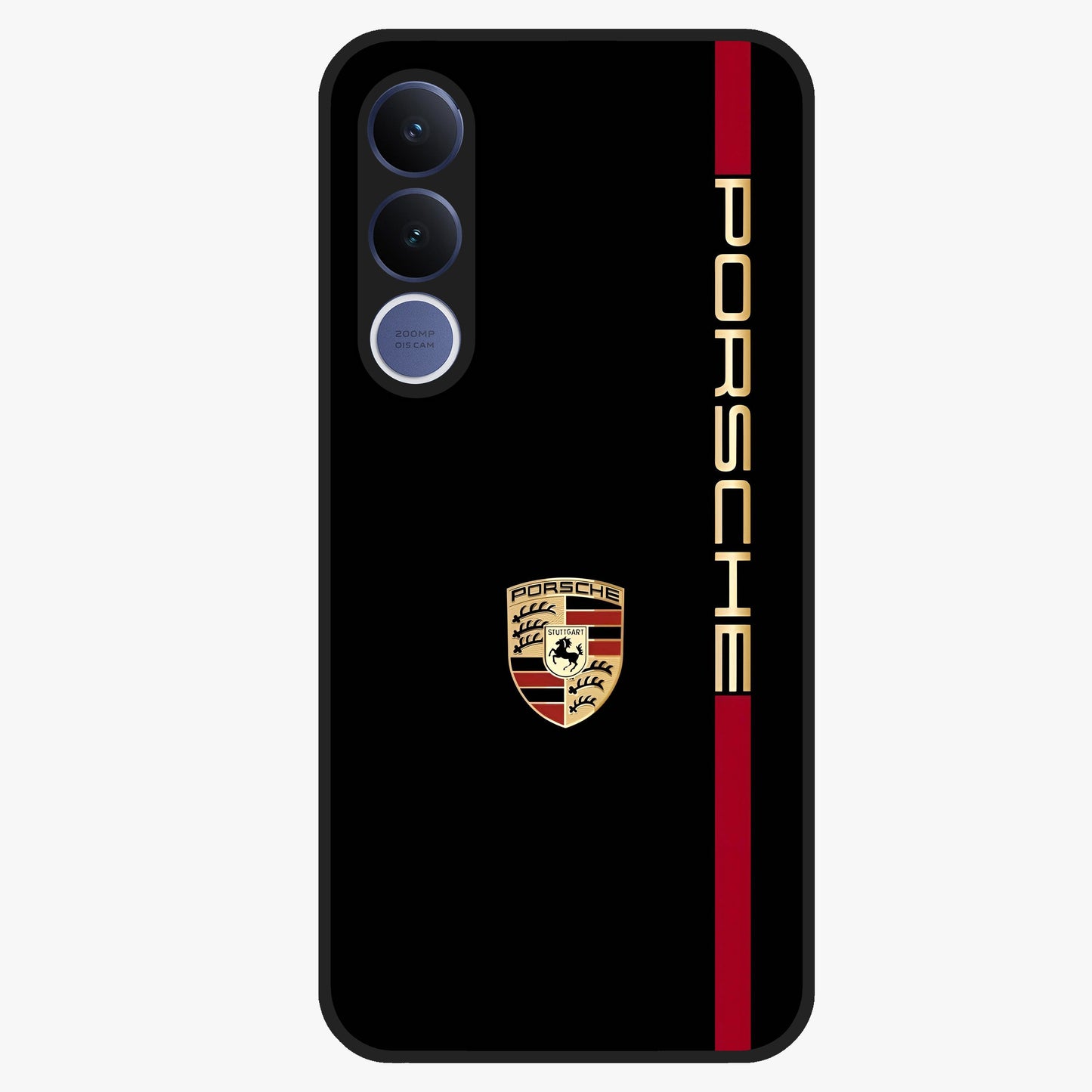 Black Minimal Porsche Glass Case showing flat back view with sleek minimal sports car artwork and glossy glass finish.